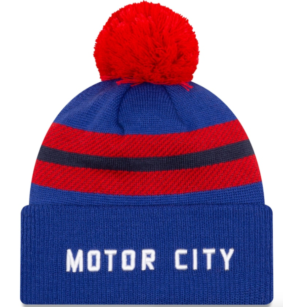 Detroit Pistons New Era Blue 2020/21 City Edition Pom Cuffed Knit Hat for Men product image 1, provided for visual reference