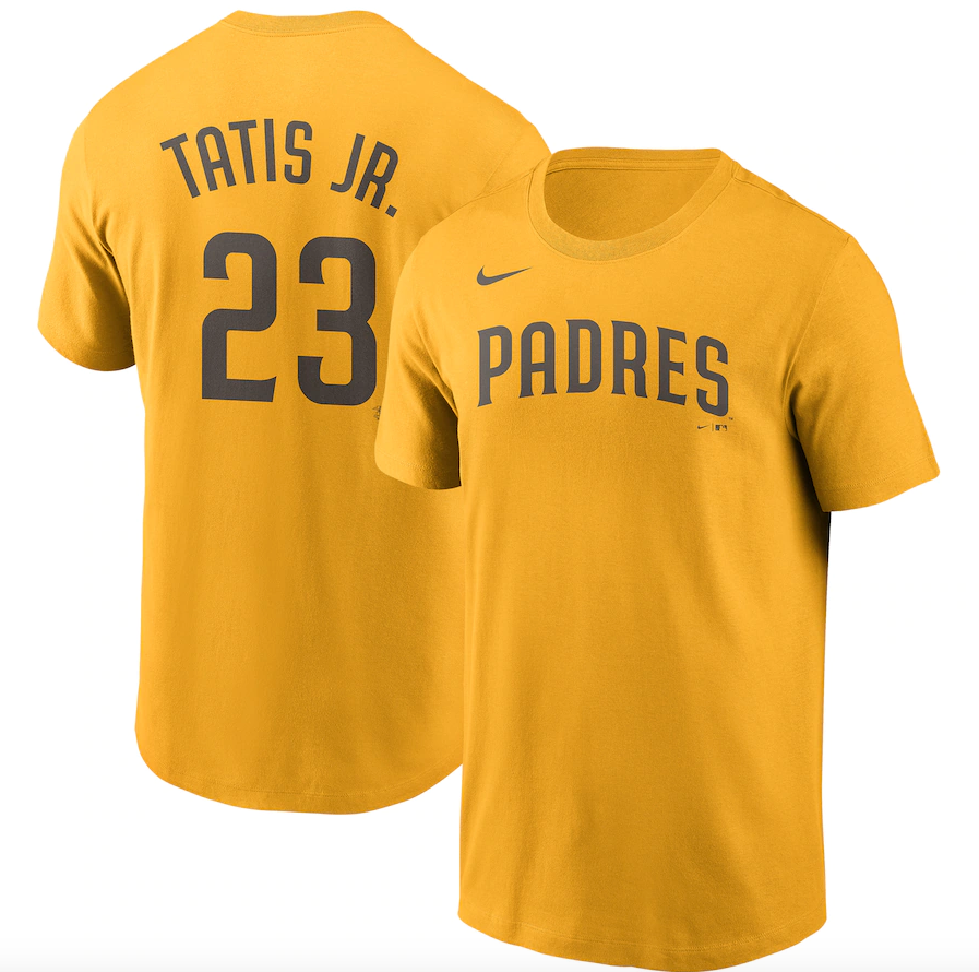 San Diego Padres Fernando Tatís Jr. Nike Gold Name & Number T-Shirt for Men product image 1, provided for visual reference