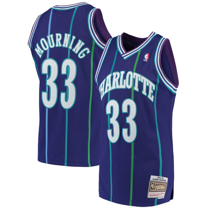 Men’s Alonzo Mourning Charlotte Hornets 1994-95 Purple Swingman Replica Jersey By Mitchell & Nessi product image 1, provided