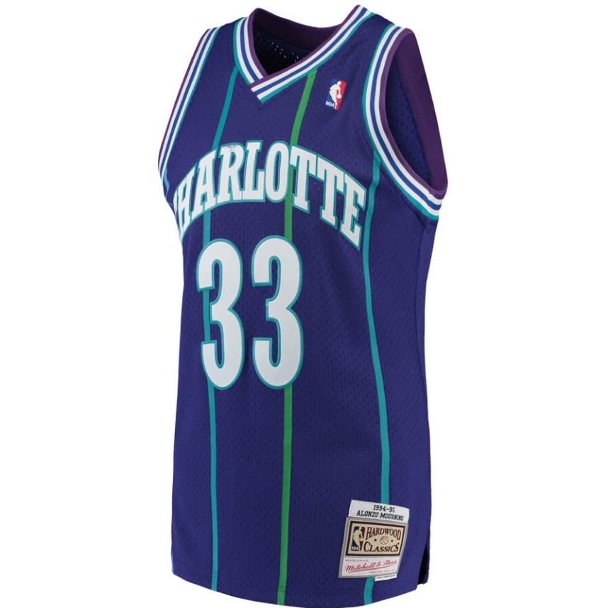 Men’s Alonzo Mourning Charlotte Hornets 1994-95 Purple Swingman Replica Jersey By Mitchell & Nessi product image 2, provided