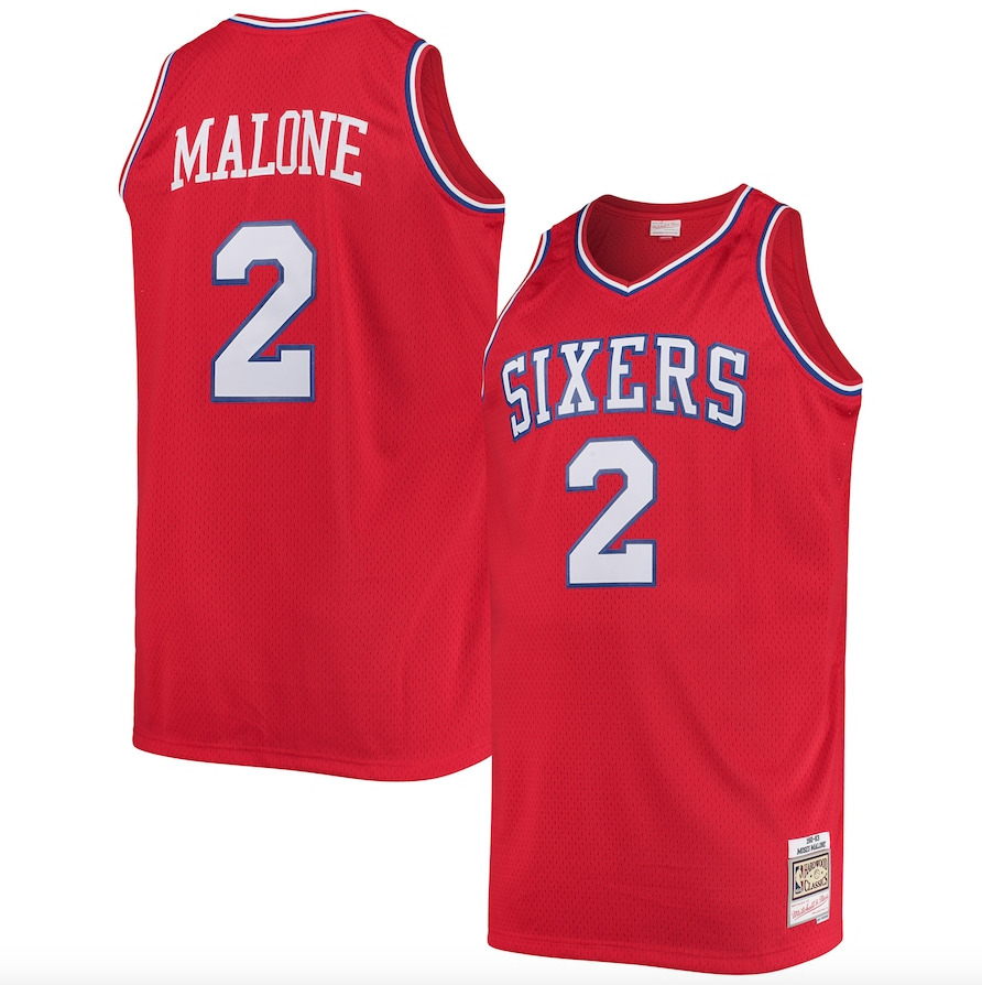 Mens Philadelphia 76ers Moses Malone Mitchell & Ness Red 1982-83 Hardwood Classics Swingman Jersey product image 1, provided