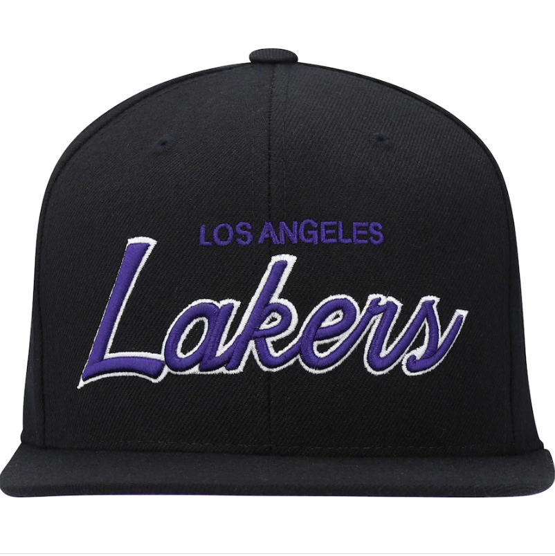 Mens NBA Los Angeles Lakers Black Foundation Script Snapback Hat By Mitchell And Ness product image 2, provided for visual