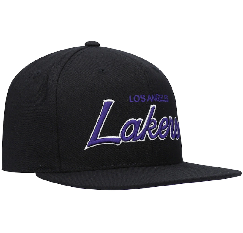 Mens NBA Los Angeles Lakers Black Foundation Script Snapback Hat By Mitchell And Ness product image 3, provided for visual