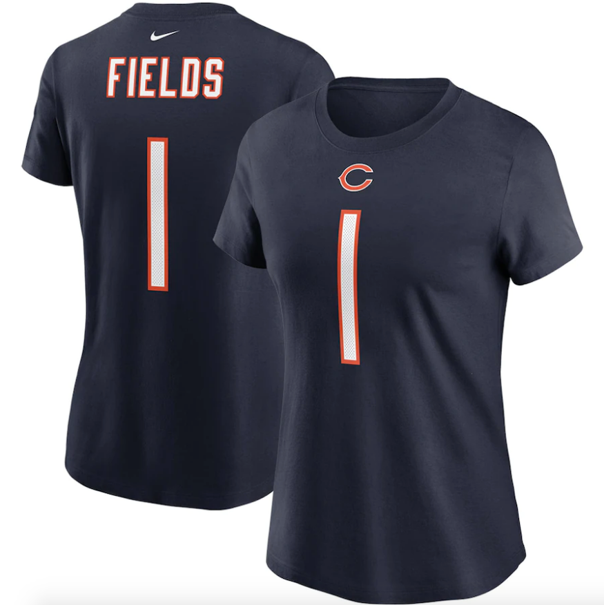 Chicago Bears Justin Fields Nike Navy Player Name & Number T-Shirt for Women product image 1, provided for visual reference