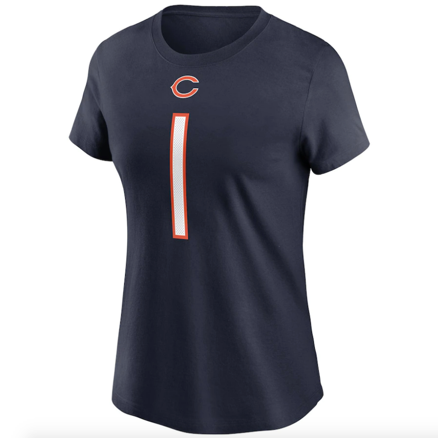 Chicago Bears Justin Fields Nike Navy Player Name & Number T-Shirt for Women product image 2, provided for visual reference