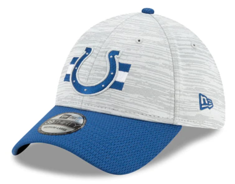 Indianapolis Colts 2021 Training Camp On Field Gray/Royal New Era 39THIRTY Flex Fit Hat product image 1, provided for visual