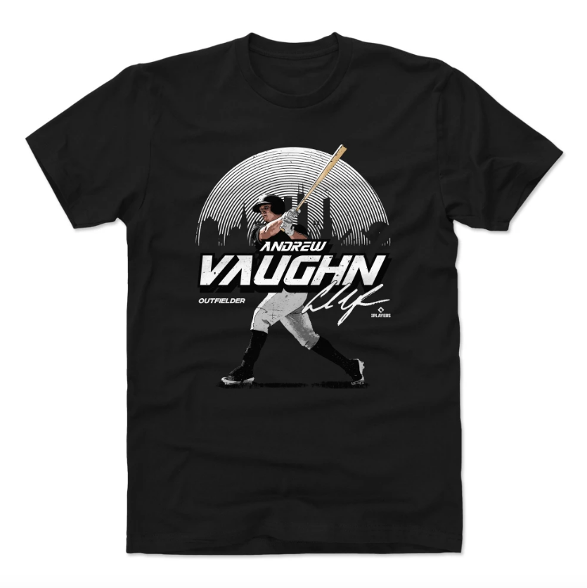 500 Level Andrew Vaughn Chicago White Sox Skyline Black T-Shirt for Men product image 1, provided for visual reference and