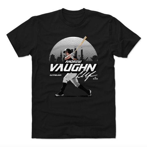 500 Level Andrew Vaughn Chicago White Sox Skyline Black T-Shirt for Men product image 1, provided for visual reference and