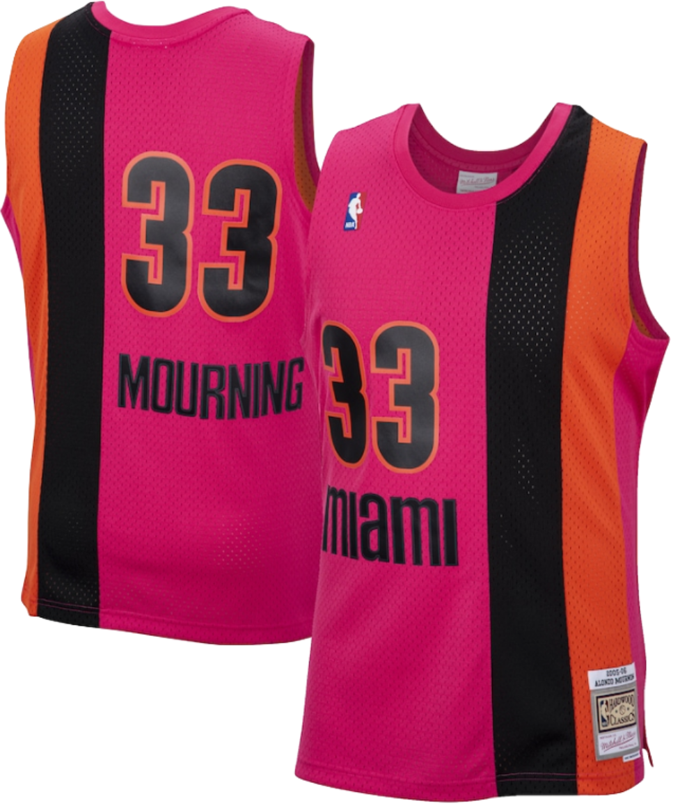 Miami Heat Alonzo Mourning Mitchell & Ness Hardwood Classics Reload 2.0 Swingman Jersey - Pink for Men product image 1,