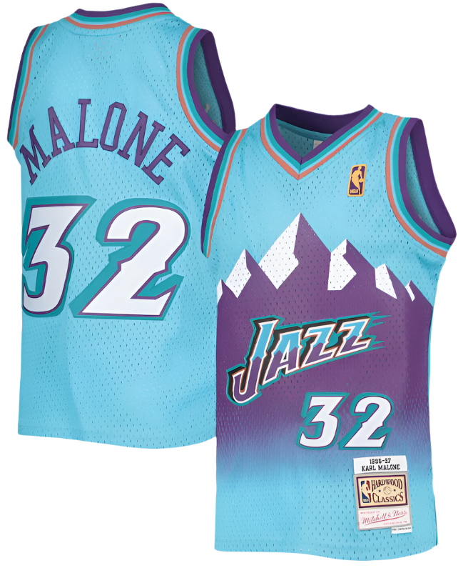 Karl Malone Utah Jazz Mitchell & Ness 1996-97 Hardwood Classics Reload Jersey – Light Blue for Men product image 1, provided