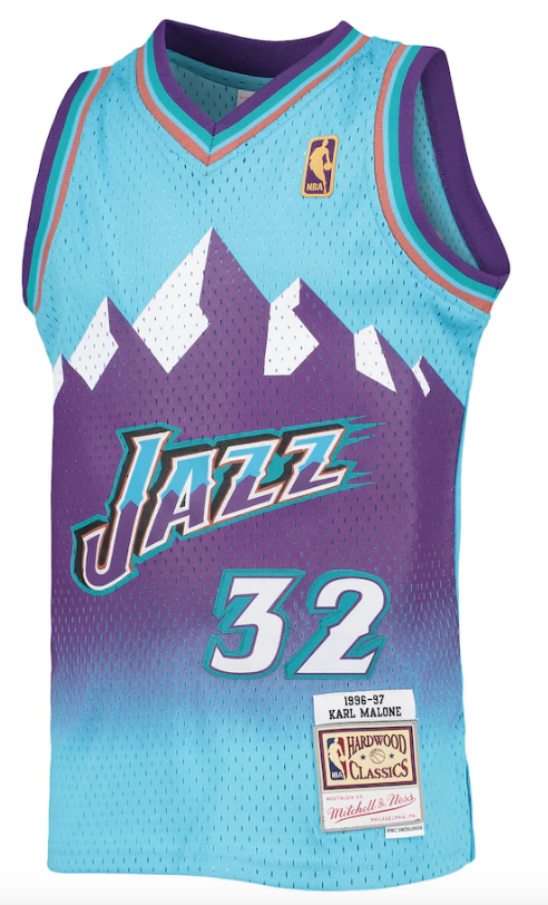 Karl Malone Utah Jazz Mitchell & Ness 1996-97 Hardwood Classics Reload Jersey – Light Blue for Men product image 2, provided