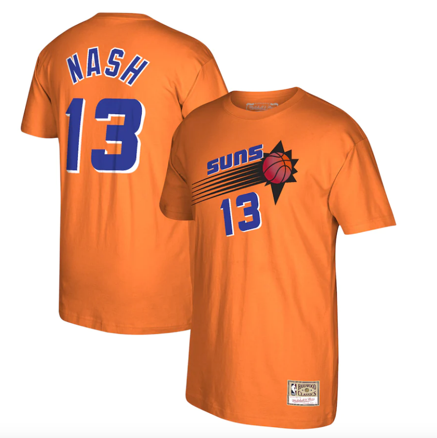 Mitchell & Ness Steve Nash Orange Phoenix Suns Reload 2.0 Name & Number T-Shirt for Men product image 1, provided for visual