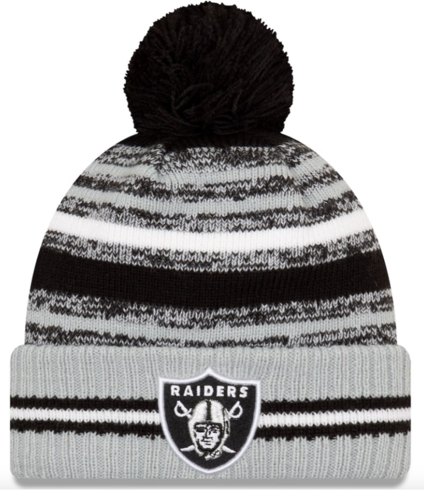 Las Vegas Raiders New Era Black/Silver 2021 NFL Sideline Sport Official Pom Cuffed Knit Hat for Men product image 1,