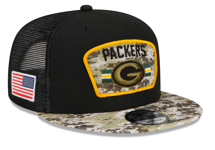 Green Bay Packers New Era Black/Camo 2021 NFL Salute To Service Trucker 9FIFTY Snapback Adjustable Hat for Men product image