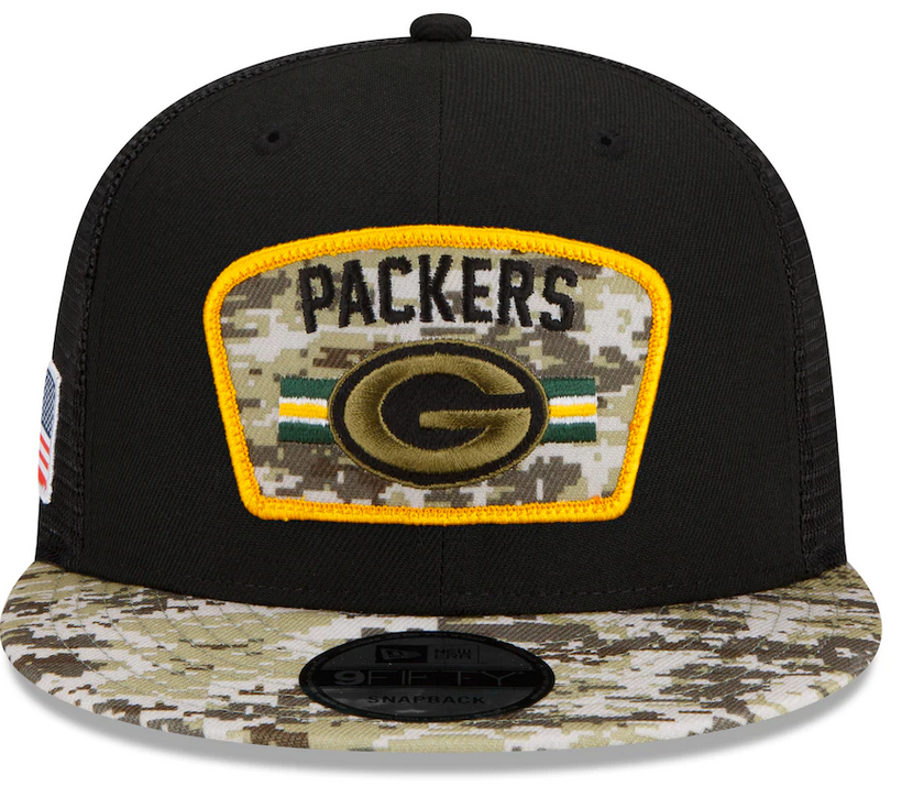 Green Bay Packers New Era Black/Camo 2021 NFL Salute To Service Trucker 9FIFTY Snapback Adjustable Hat for Men product image