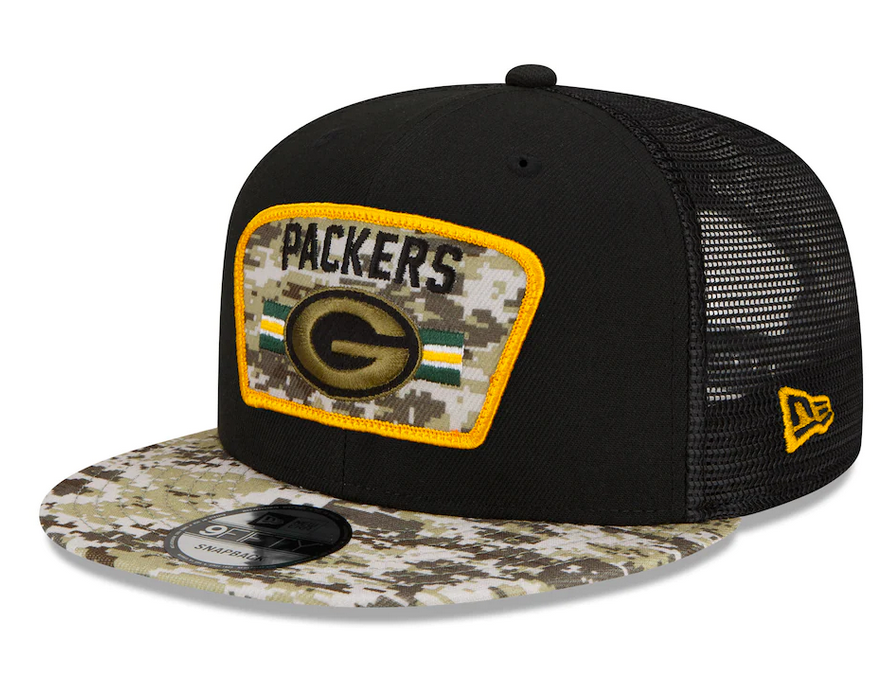 Green Bay Packers New Era Black/Camo 2021 NFL Salute To Service Trucker 9FIFTY Snapback Adjustable Hat for Men product image