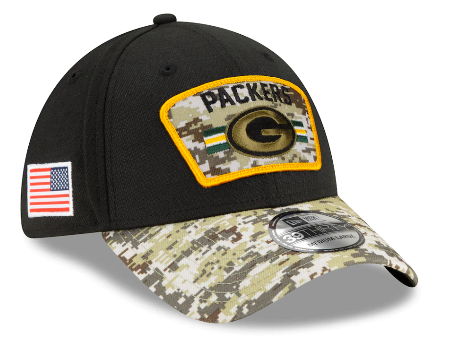 Green Bay Packers New Era Black 2021 Salute to Service Primary Logo 39THIRTY Flex Hat for Men product image 1, provided for