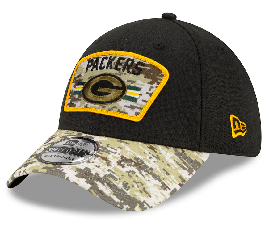 Green Bay Packers New Era Black 2021 Salute to Service Primary Logo 39THIRTY Flex Hat for Men product image 2, provided for