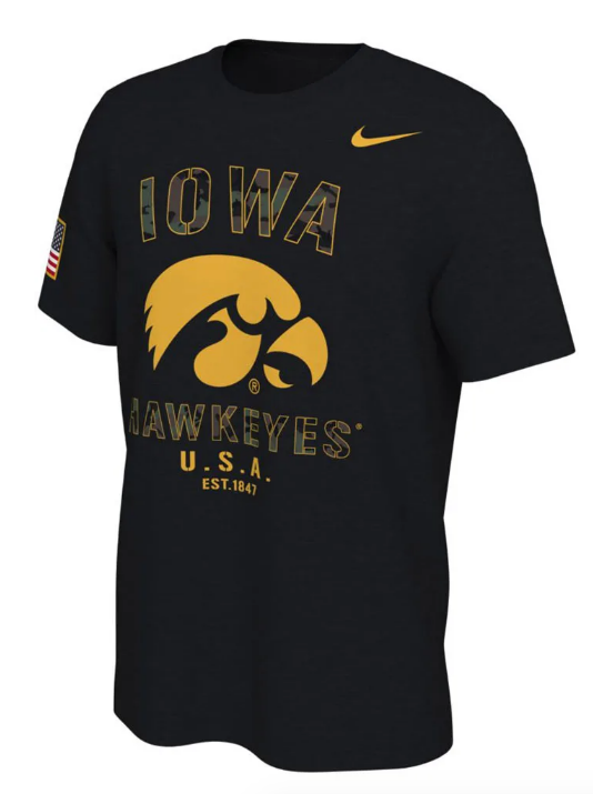 Iowa Hawkeyes Veterans Day Nike Sideline Black T-Shirt product image 1, provided for visual reference and product detail