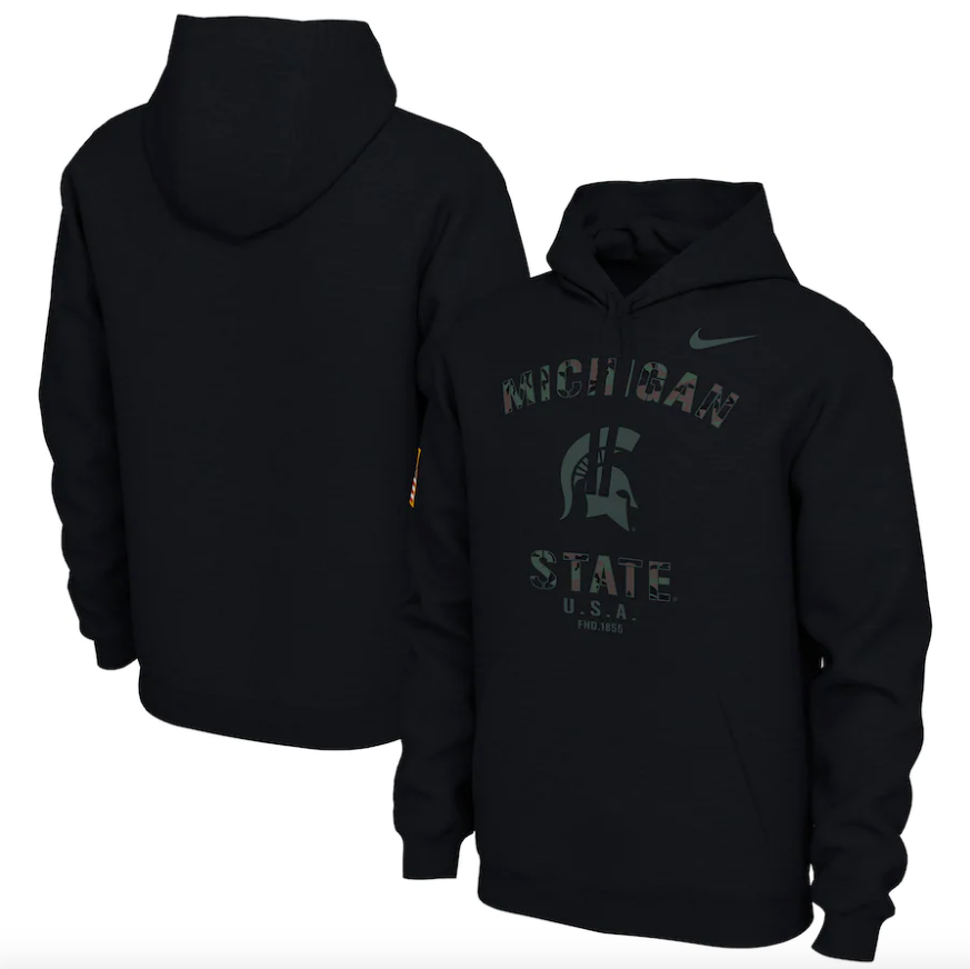 Nike Michigan State Spartans Mens Black Camo Veterans Day Long Sleeve Hoodie product image 1, provided for visual reference
