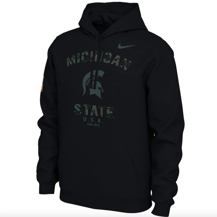 Nike Michigan State Spartans Mens Black Camo Veterans Day Long Sleeve Hoodie product image 2, provided for visual reference