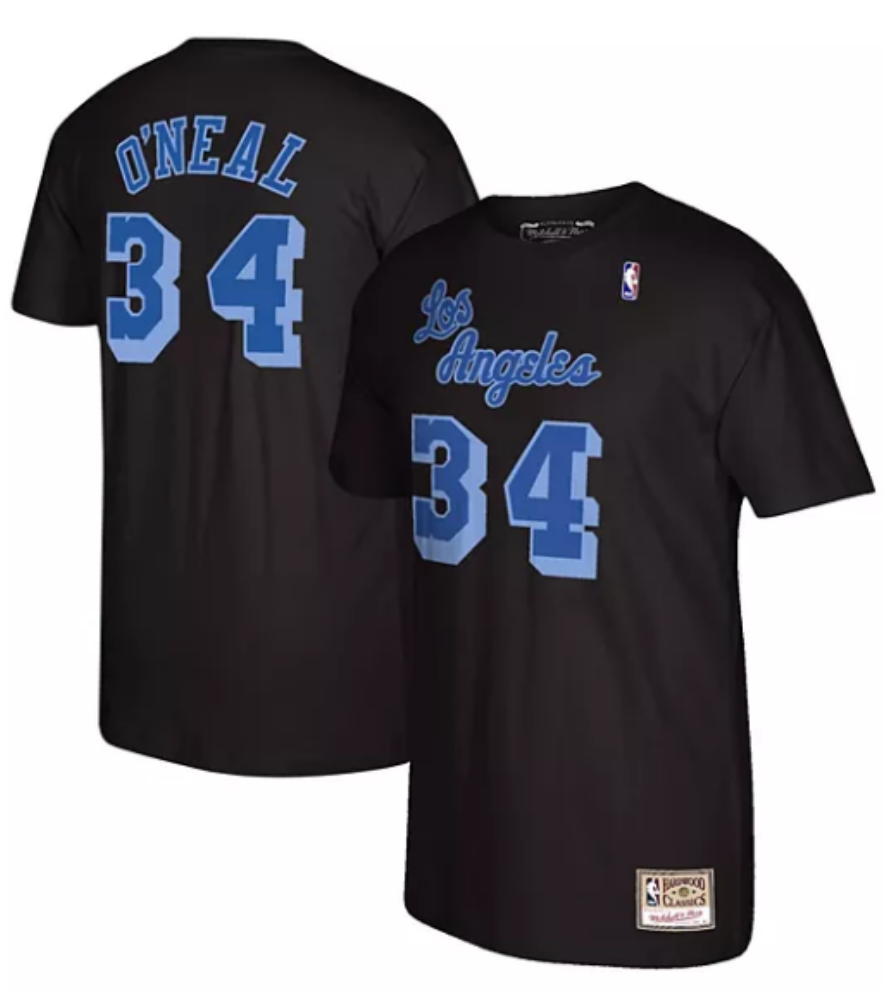 Shaquille O'Neal Los Angeles Lakers Mitchell & Ness Reload 2.0 Name & Number T-Shirt - Black/Blue for Men product image 1,