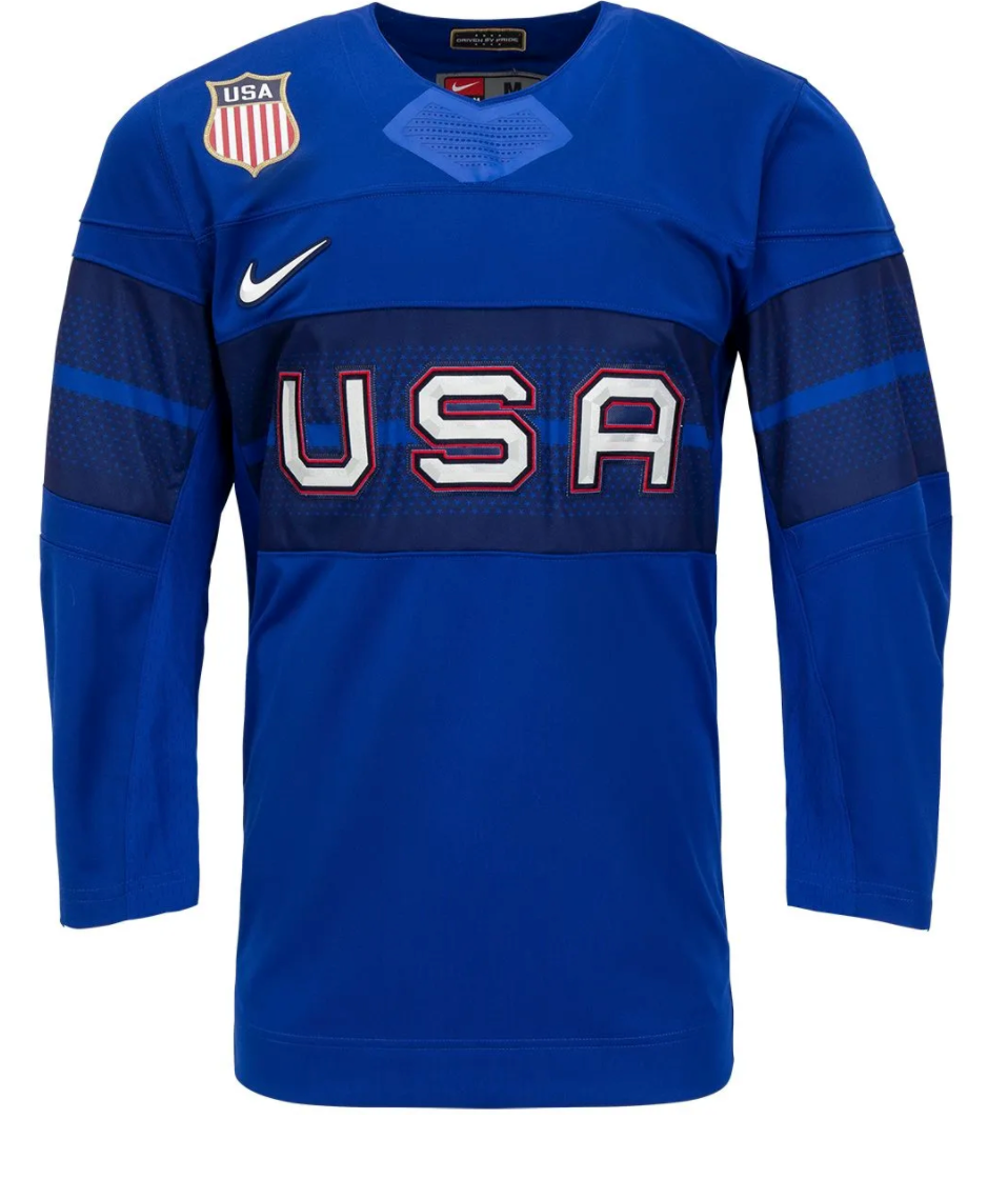 Mens USA Hockey 2022 Nike Olympic Royal Replica Jersey product image 1, provided for visual reference and product detail