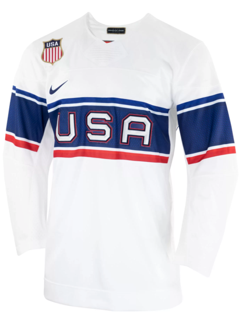 Mens USA Hockey 2022 Nike Olympic Home White Replica Jersey product image 1, provided for visual reference and product