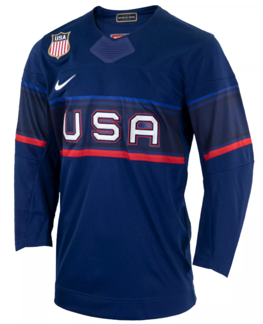 Mens USA Hockey 2022 Nike Olympic Navy Replica Jersey product image 1, provided for visual reference and product detail