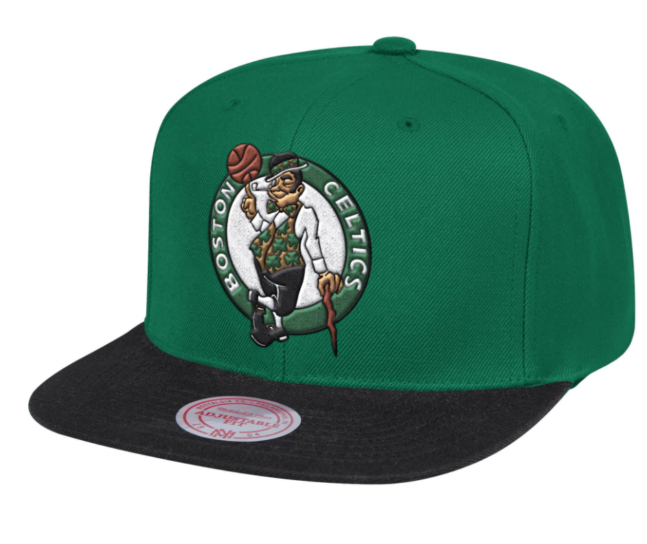 Mens Boston Celtics 2-Tone 2.0 Kelly Green Mitchell & Ness Snapback Hat product image 1, provided for visual reference and