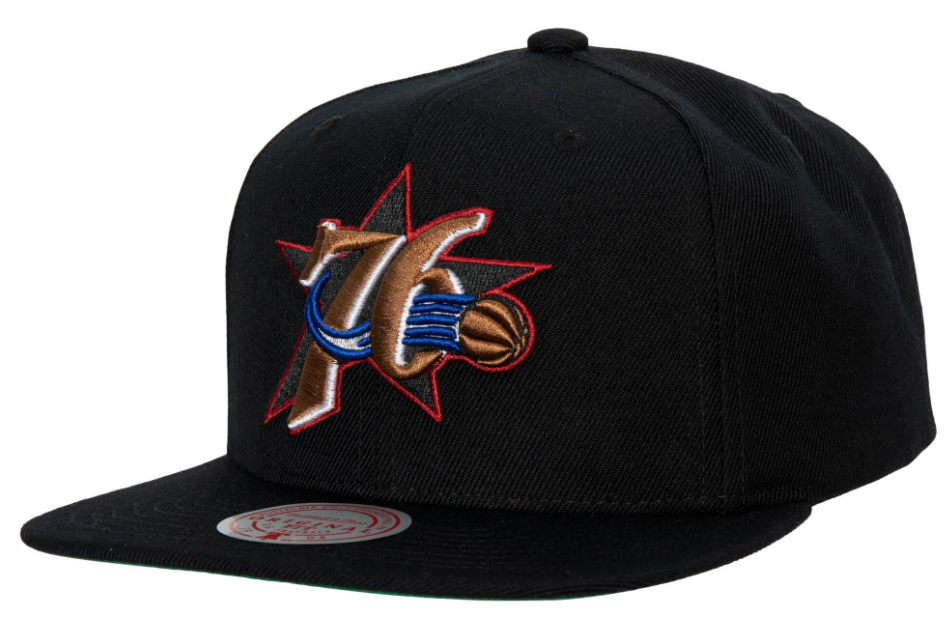 Philadelphia 76ers Black Ground 2.0 Snapback Hat By Mitchell And Ness product image 1, provided for visual reference and