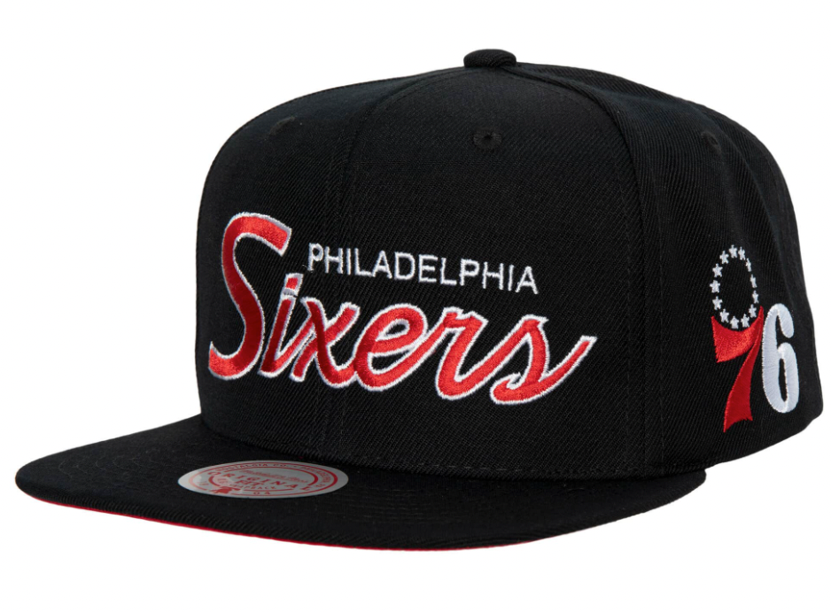 Philadelphia 76ers Team Script 2.0 Mitchell & Ness Snapback Hat product image 1, provided for visual reference and product