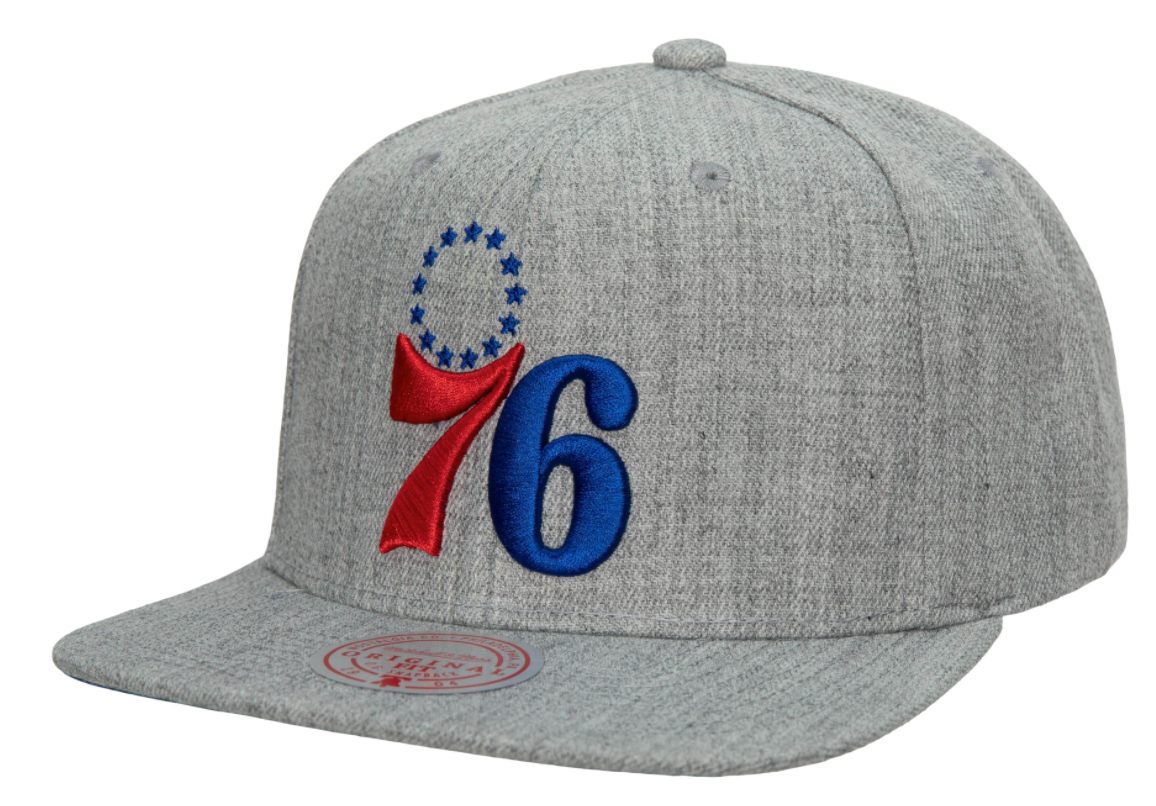Philadelphia 76ers Gray Heather 2.0 Mitchell & Ness Snapback Hat product image 1, provided for visual reference and product