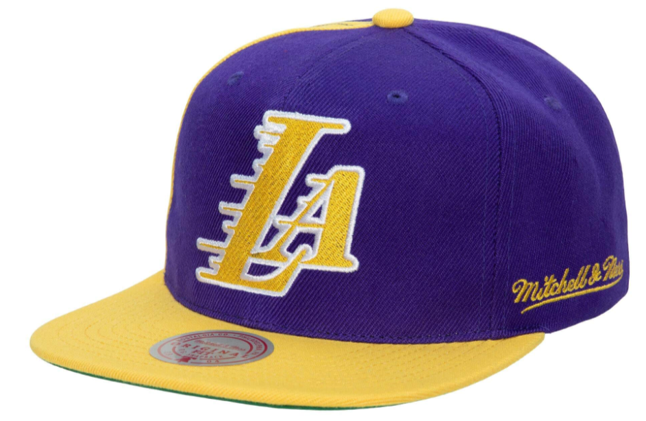 Los Angeles Lakers NBA Rear Script Deadstock Mitchell & Ness Snapback Hat product image 1, provided for visual reference and