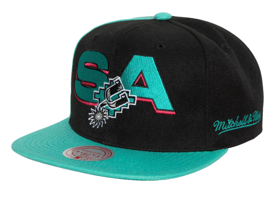 San Antonio Spurs NBA Rear Script Deadstock Mitchell & Ness Snapback Hat product image 1, provided for visual reference and