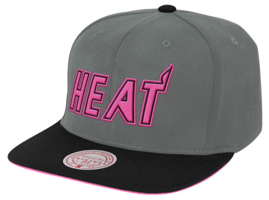 Miami Heat Mitchell & Ness NBA Neon Lights HWC Gray/Pink Snapback Hat for Men product image 1, provided for visual reference