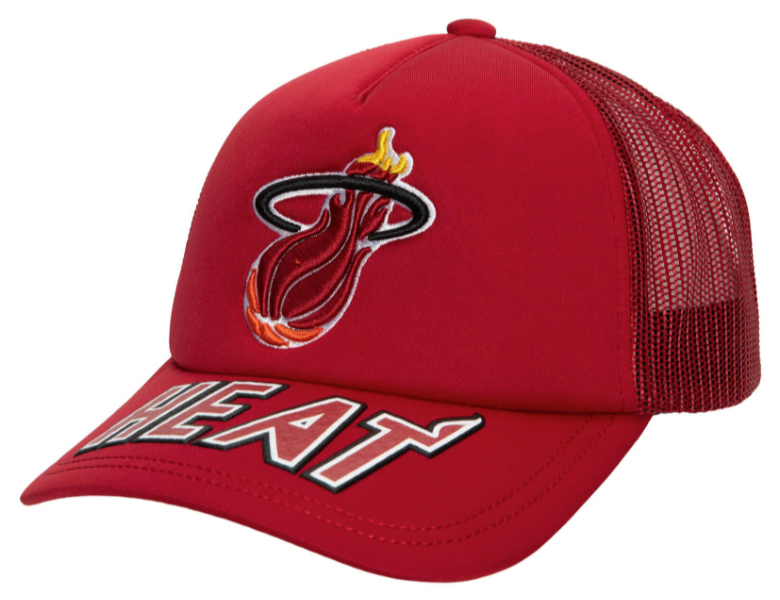 Mens Miami Heat NBA Puff The Magic Trucker HWC Mitchell & Ness Snapback Hat product image 1, provided for visual reference
