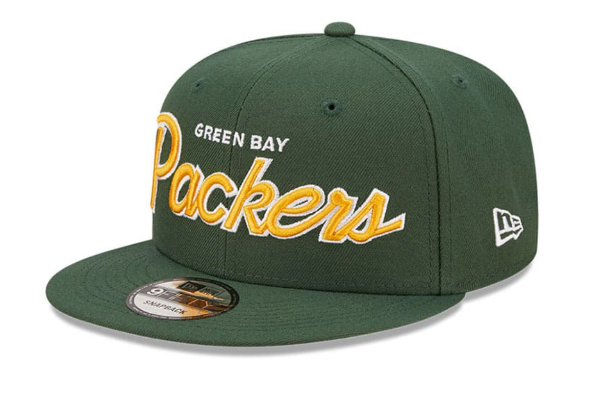 Mens Green Bay Packers New Era Green Script 9FIFTY Snapback Hat product image 3, provided for visual reference and product