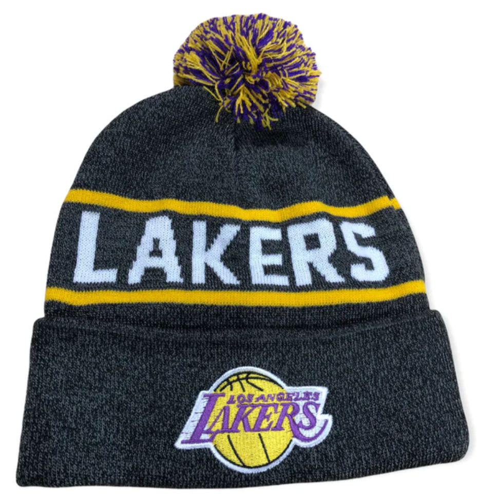 Los Angeles Lakers Mitchell & Ness NBA Reload 2.0 Gray Cuffed Pom Knit Hat product image 1, provided for visual reference