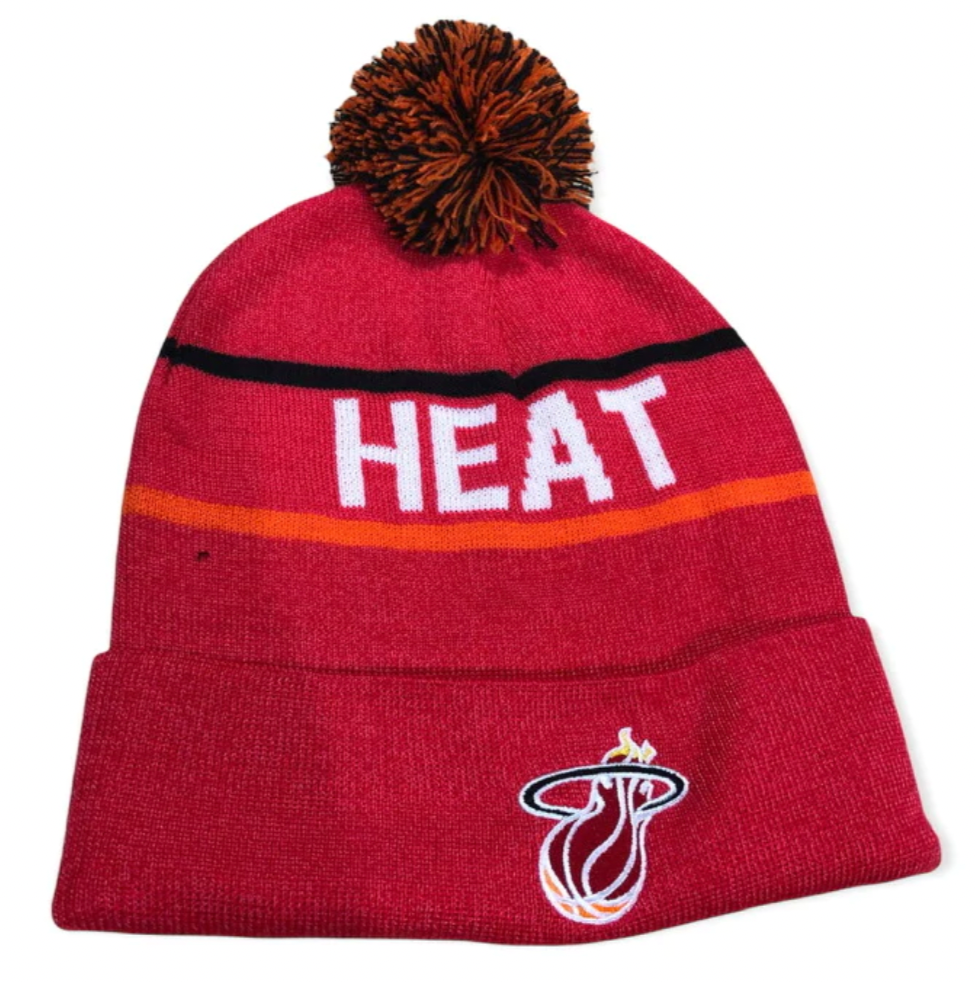 Miami Heat Mitchell & Ness NBA Reload 2.0 Pink Cuffed Pom Knit Hat product image 1, provided for visual reference and