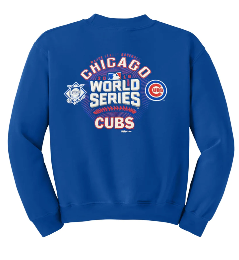 Men’s Chicago Cubs World Series Bound Stitches Crew Royal Blue Neck Fleece product image 1, provided for visual reference