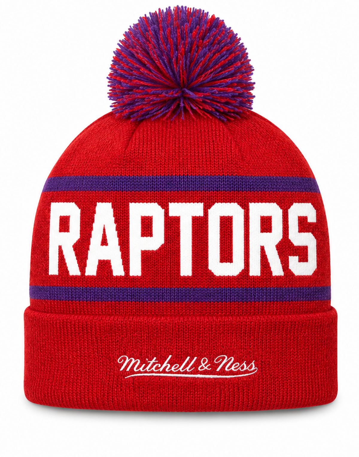 Toronto Raptors Mitchell & Ness NBA Reload 2.0 Red Cuffed Pom Knit Hat product image 2, provided for visual reference and