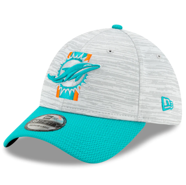 Miami Dolphins 2021 Training Camp On Field Gray/Aqua New Era 39THIRTY Flex Fit Hat product image 1, provided for visual