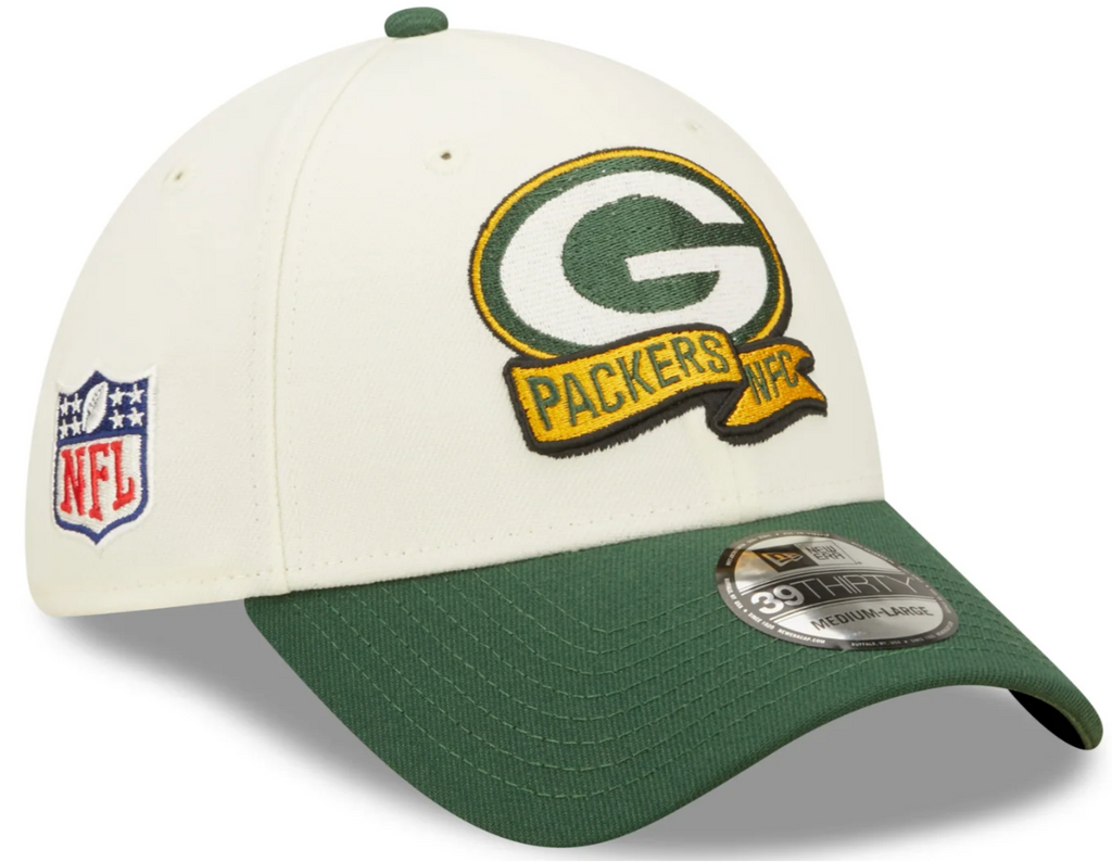 Green Bay Packers New Era Cream/Green 2022 Sideline 39THIRTY Flex Hat for Men product image 1, provided for visual reference