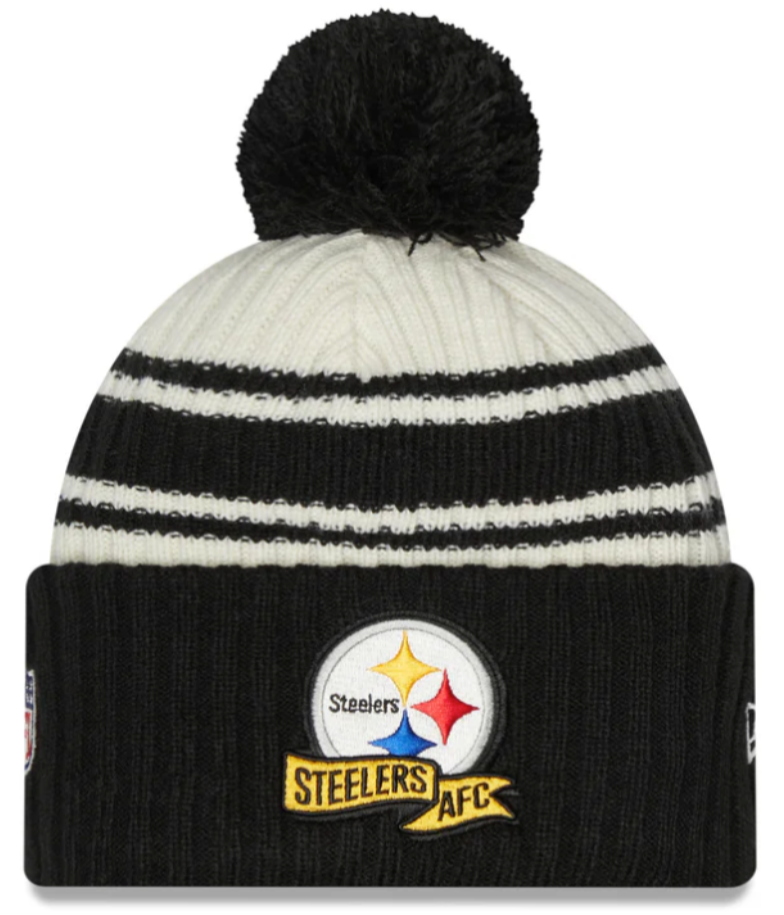 Pittsburgh Steelers New Era Black 2022 NFL Sideline Sport Pom Cuffed Knit Hat product image 1, provided for visual reference