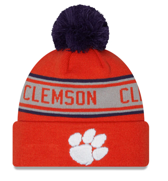 Clemson Tigers NCAA New Era Orange Repeat Cuffed Pom Knit Hat product image 1, provided for visual reference and product
