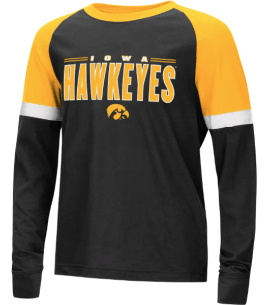 Iowa Hawkeyes Colosseum Youth Ollie Long Sleeve Raglan T-Shirt product image 1, provided for visual reference and product
