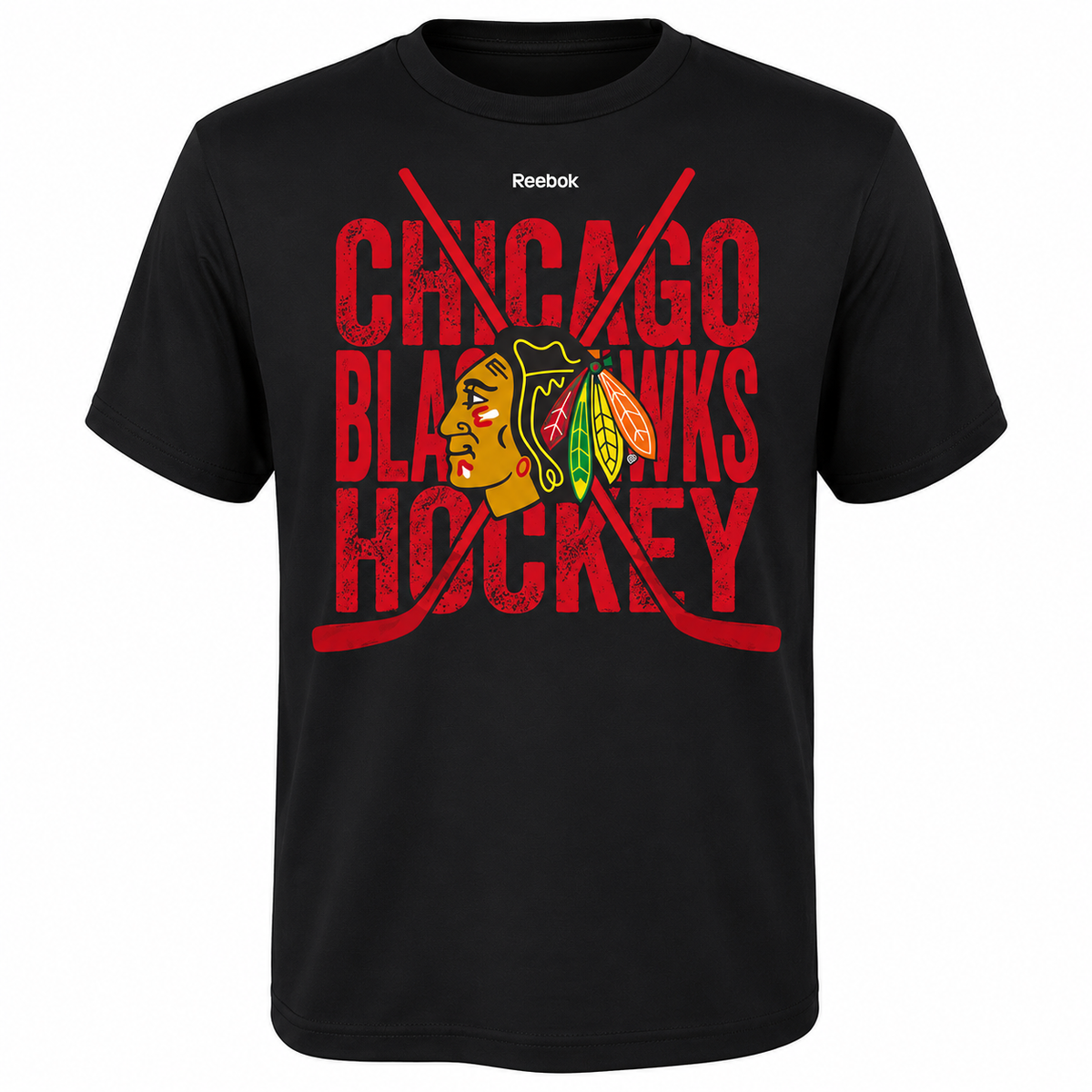 Youth Chicago Blackhawks Black Cross Stix T-Shirt By Reebok product image 1, provided for visual reference and product