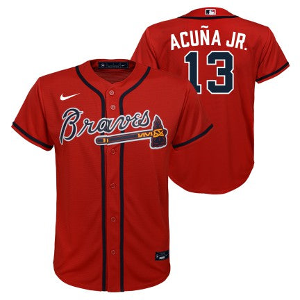 NIKE Youth Ronald Acuna Jr. Atlanta Braves Red Alternate Replica Jersey product image 1, provided for visual reference and