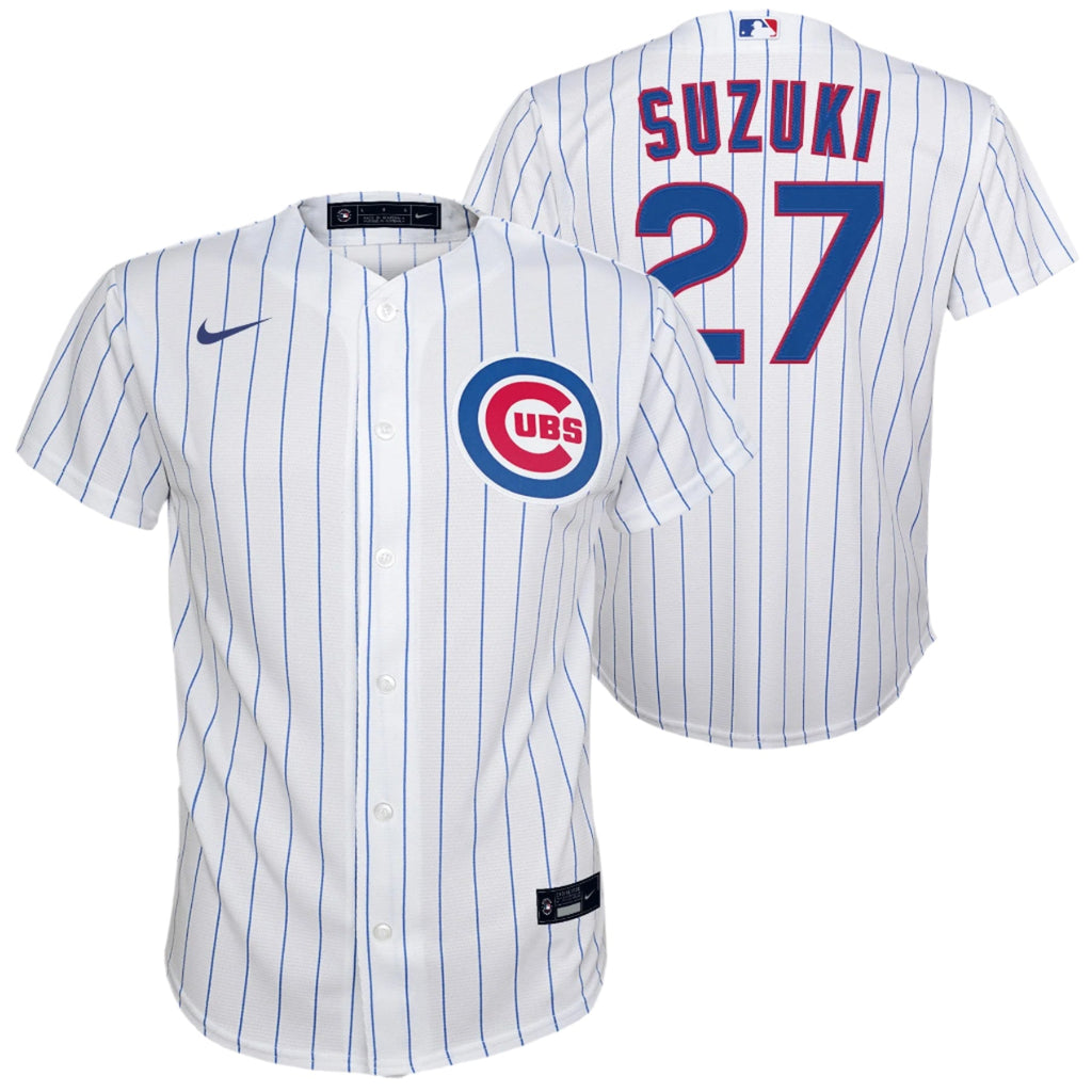 NIKE Youth Seiya Suzuki Chicago Cubs White Home Screen Print Jersey product image 1, provided for visual reference and